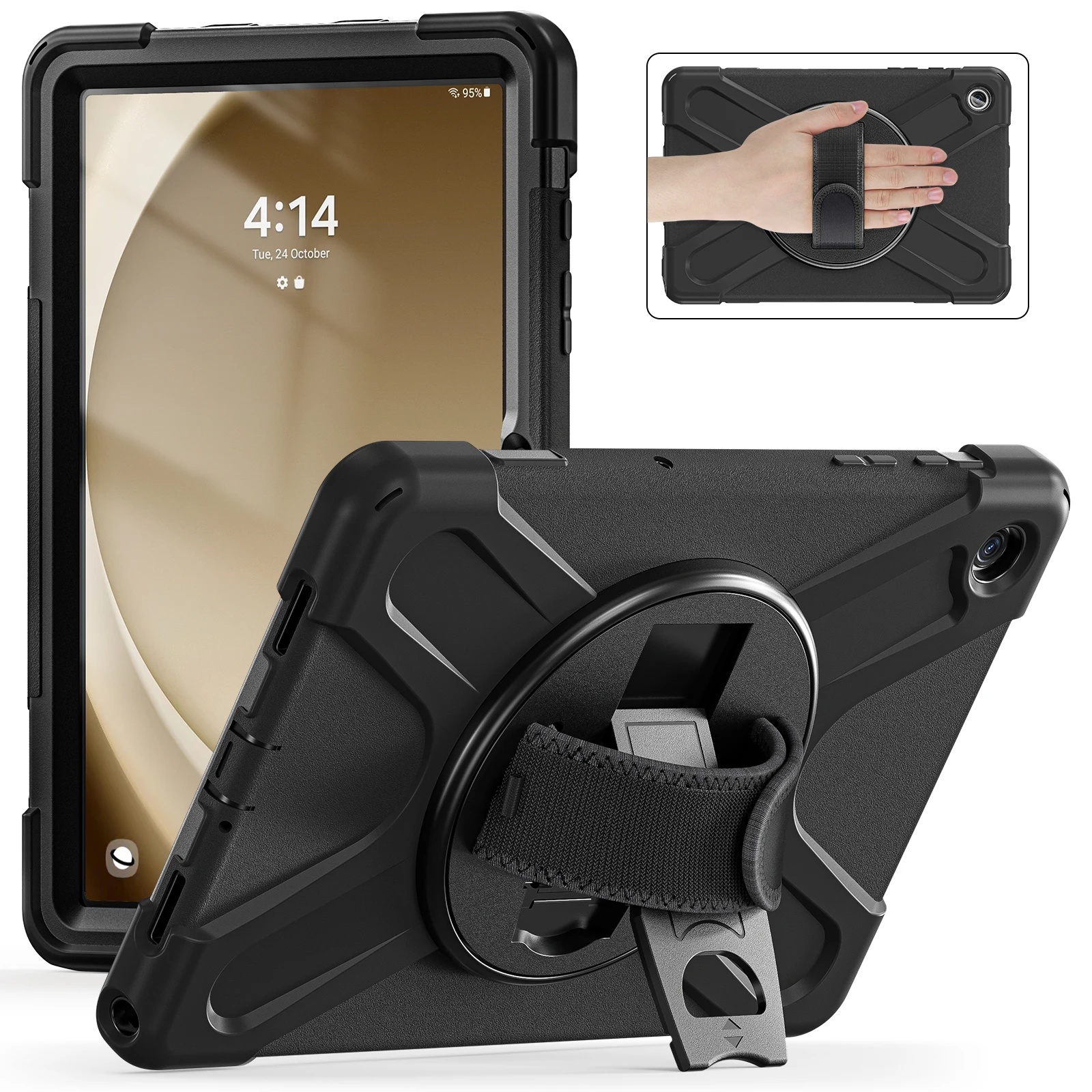 

Для Samsung Galaxy Tab A9+ Чехол ПК + Силиконовый чехол с поворотной подставкой и ремешком на руку - черный