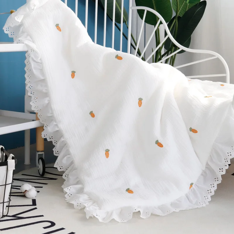 Winter Thick Embroidery White Muslin Cotton Blanket With Lace Baby Swaddle Baby Comforter Princess Baby Receiving Blanket