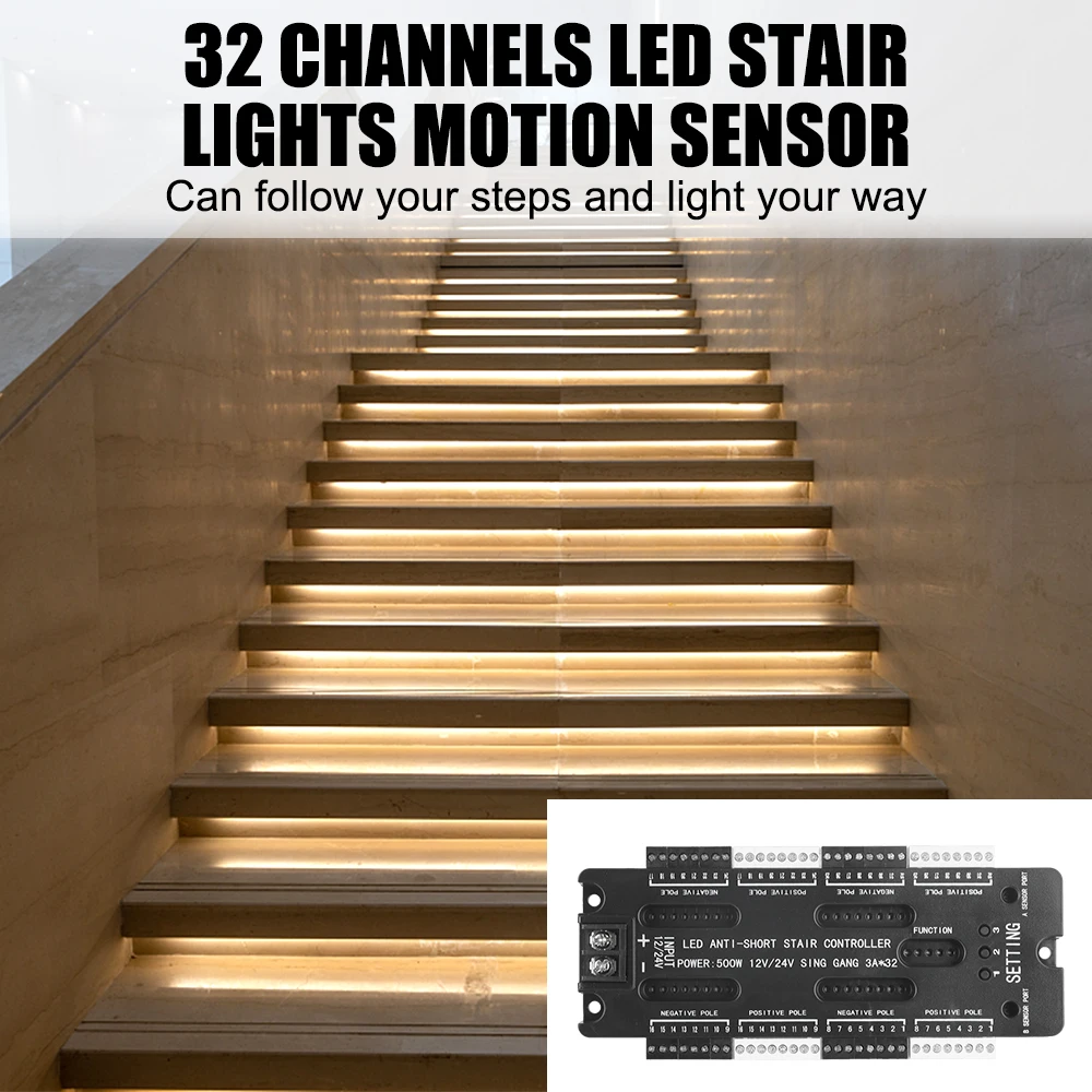 Imagem -04 - Brilho Ajustável Stair Light Controller Kit Tira Flexível Led Sensor de Movimento 32 Canais dc 12v 24v