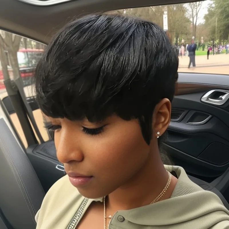 짧은 레이어드 픽시컷 인모 가발 앞머리 포함 멀티 컬러 풀 머신 메이드 가발 여름 일상용