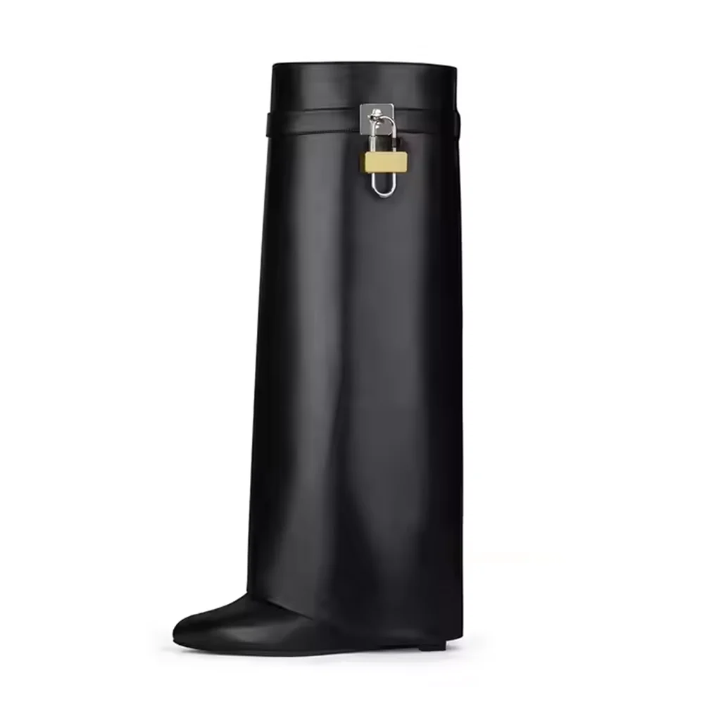 New Style Wide Barrel Foldable Shark Boots Almond Toe Ladies High Heeled Knee High Boots Trendy Large Size Women's Shoes