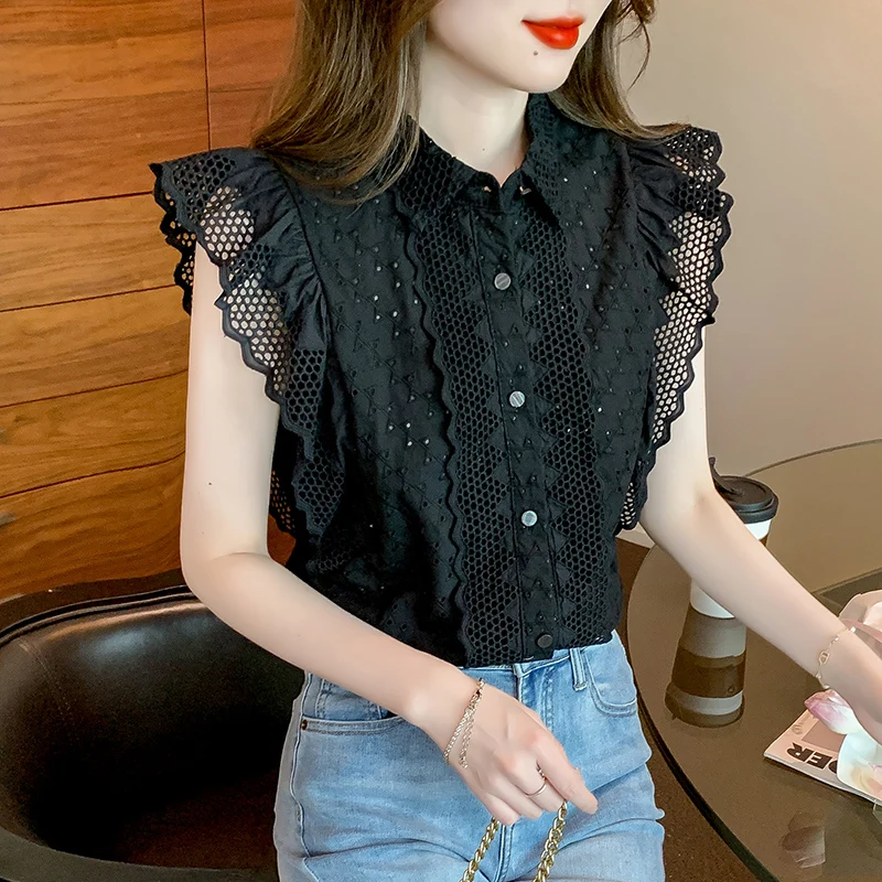 Elegant Fashion Flying Sleeve Blouses Women Korean Lace Hollow Out Blusas Mujer Summer Sleeveless Button Shirts Embroidery Tops