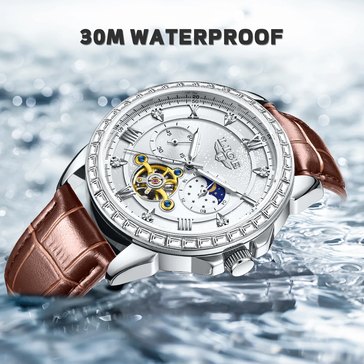 LIGE Big Diamond Dial Moon Phase Automatic Watch For Man and Woman Couple Mechanical Waterproof High-End Luxury Clock Wristwatch