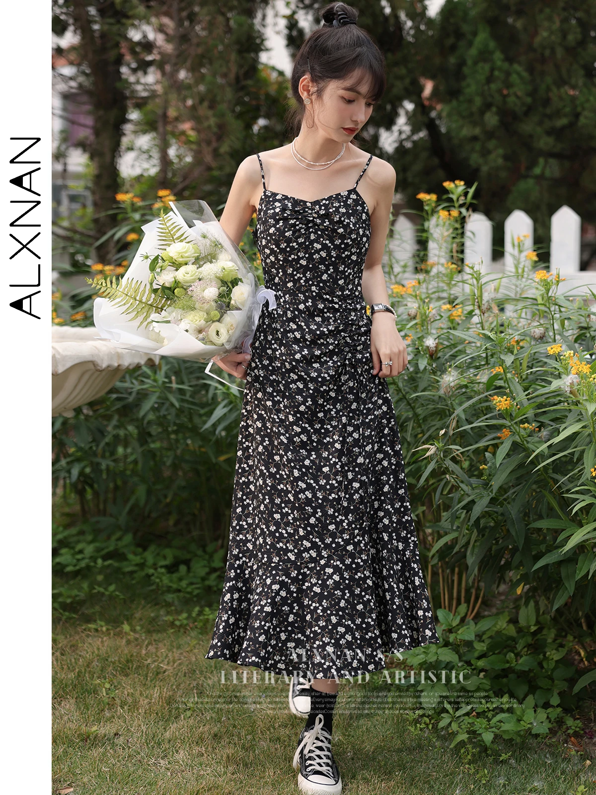 ALXNAN-Robe frenchy à imprimé floral pour femme, tenue élégante, chic, mi-longue, à bretelles spaghetti, taille haute, été 2024, LXN28720