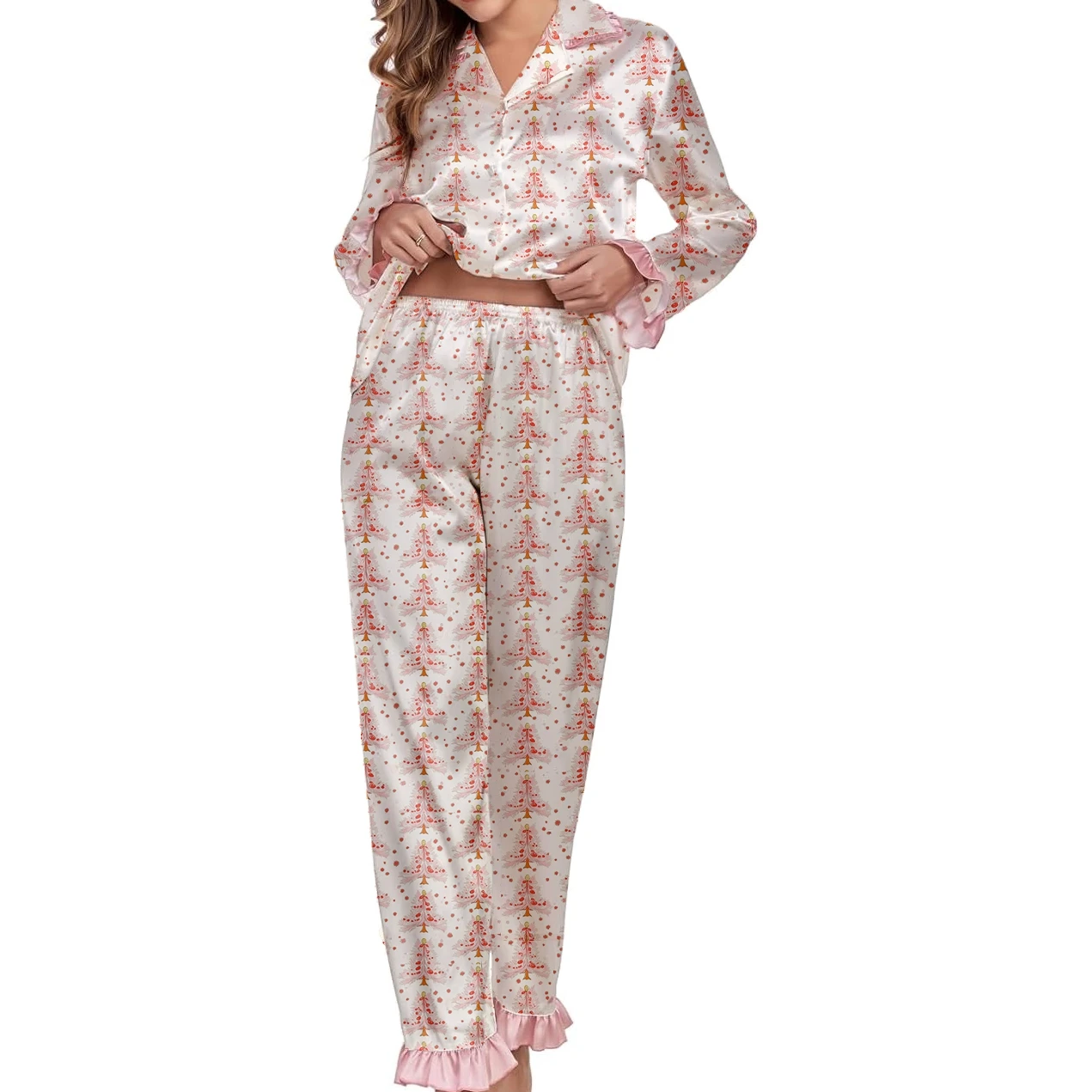 

Рождественский женский пижамный комплект, розовый комплект из 2 предметов для отдыха, легкая ночная рубашка с принтом дерева и банта, легкая ночная рубашка с рюшами по краям для женщин