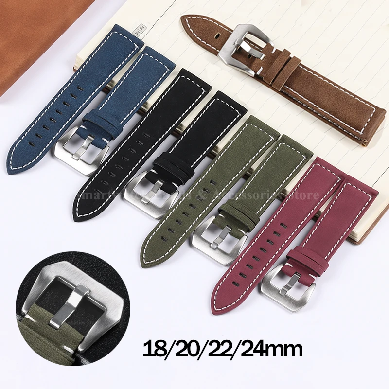 18mm 20mm 22mm 24mm Brushed Cowhide Leather Watch Band for Panerai Vintage Bracelet Metal Pin Buckle Universal Sport Wrist Band