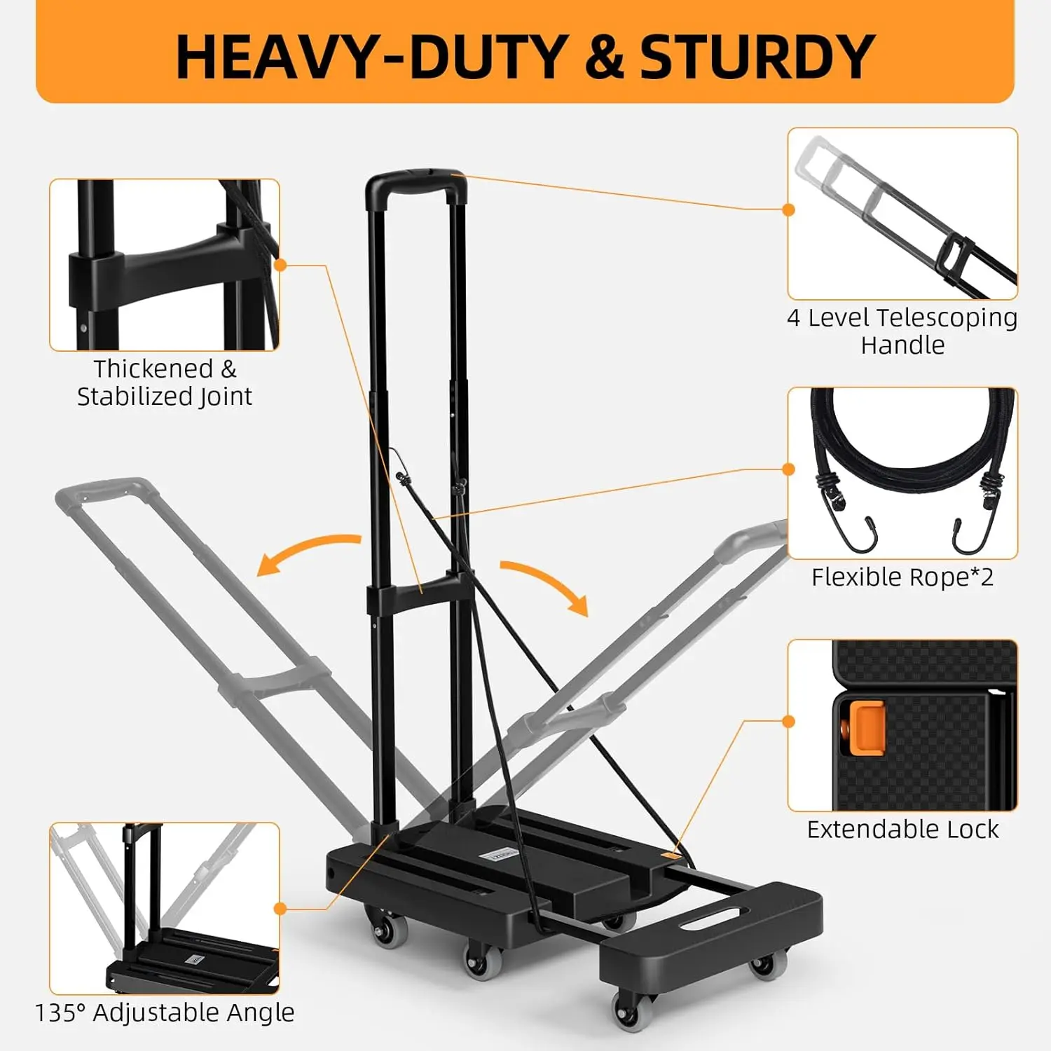 Folding Hand Trucks, Heavy Duty Dolly Cart with 6 Wheels & 2 Elastic Ropes, Foldable & Ideal for Luggage