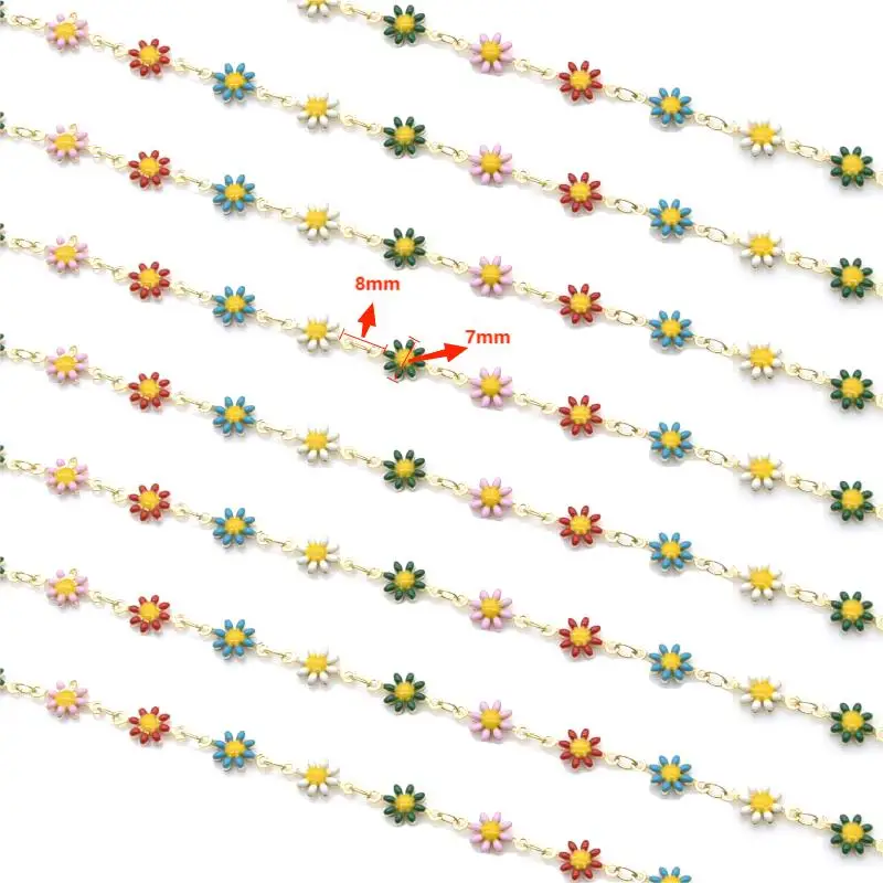 1 Meter Colorful Flower Chain Inlaid Enamel Daisy Handmade Brass Chains Link Roll with Spool for Crafts Jewelry Making