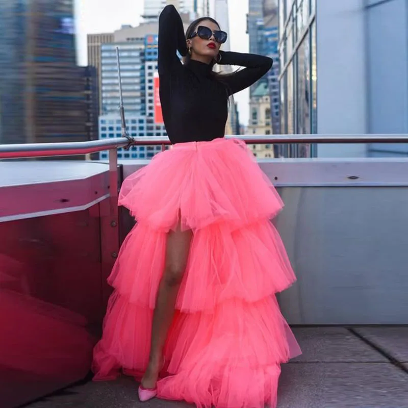 

Pink Birthday Wedding Party Skirt Puffy Tulle Tiered Long Elastic Waistband Saias High Low Skirt Long Skirts For Lady 2023