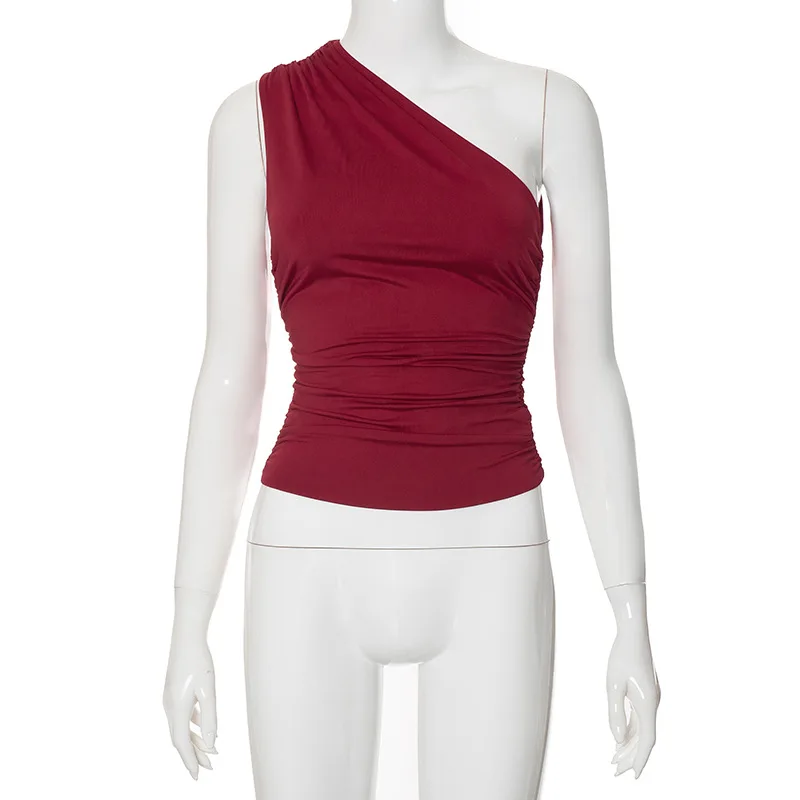 Candy Color Tight Sexy Sleeveless Neckless Slim Casaul Top Solid Color One Shoulder Backless Shrink Tank Top T-Shirt