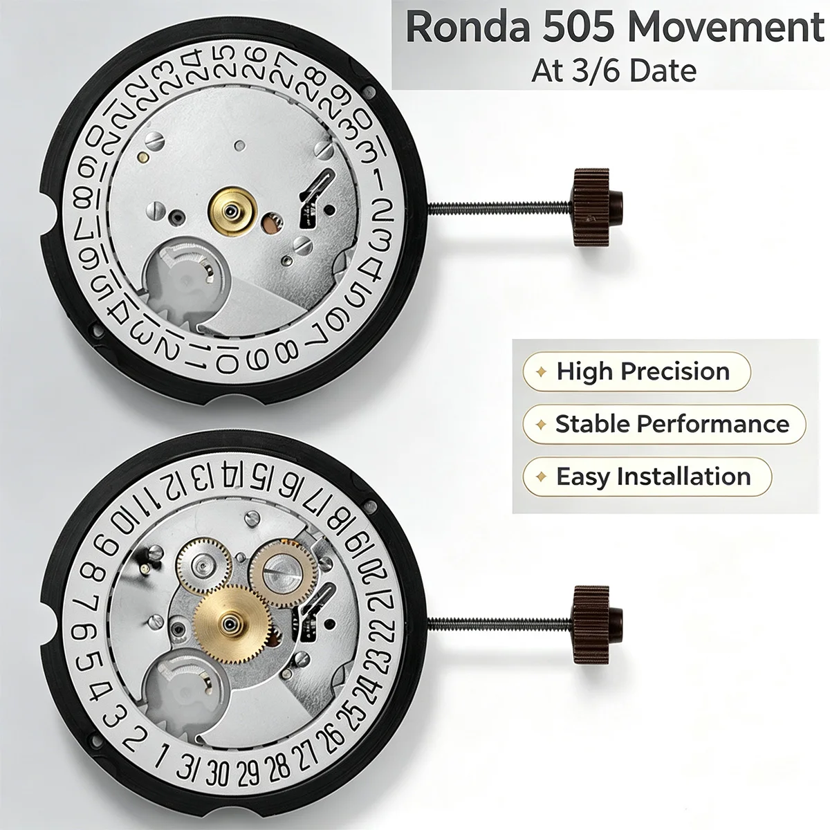 For Watch Repair & Custom Mod | Swiss Ronda 505 Quartz 3‑Hand Watch Mechanism, Date Wheel 3 or 6 O’Clock Position