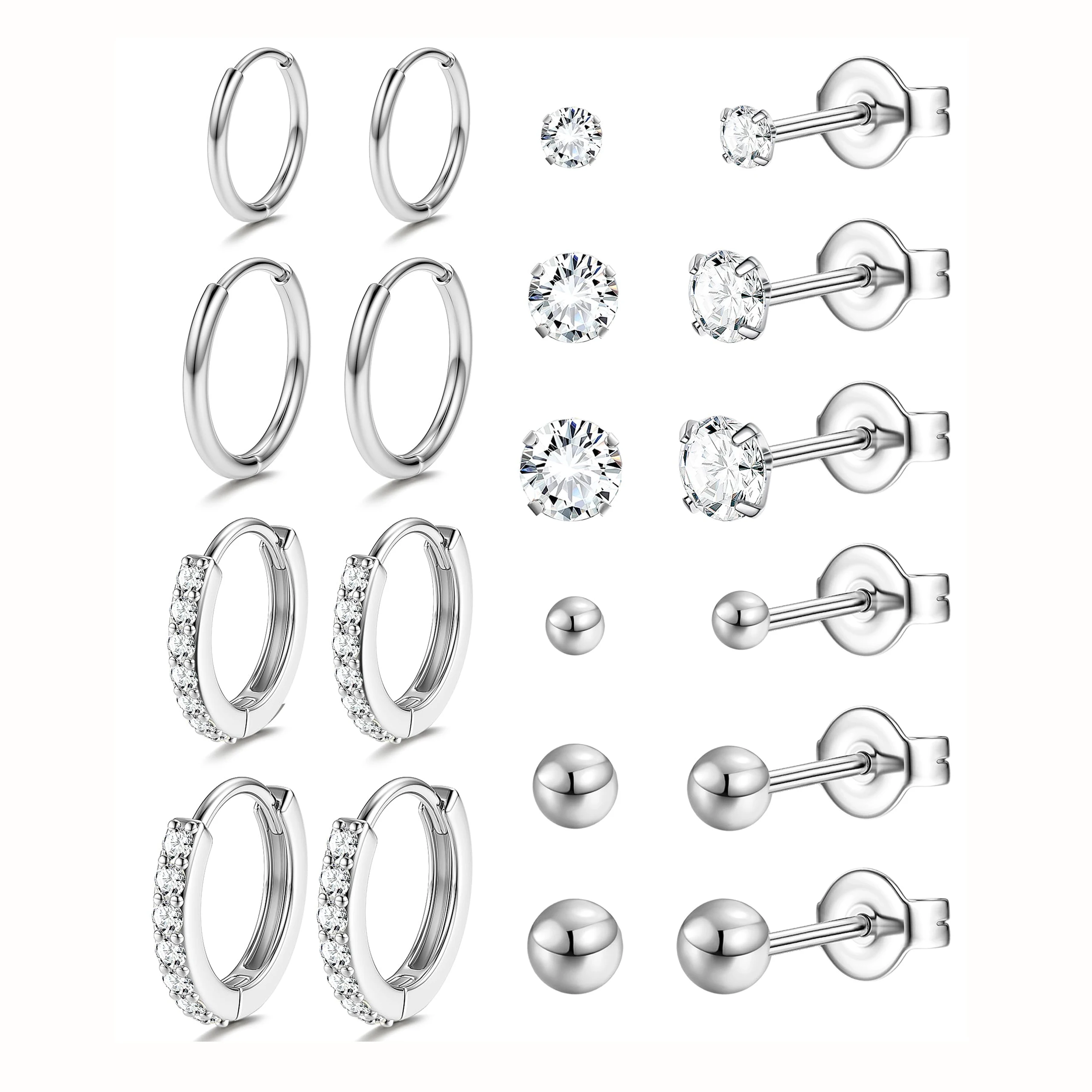 1/10 Pairs Multiple-Size Stainless Steel Round Huggie Hoop Earrings Small Ball CZ Stud Earrings Women Men Ear Piercing Jewelry