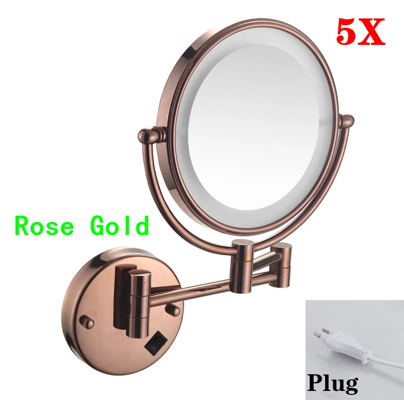 Rose Gold Led Opvouwbare Badkamerspiegel Wandmontage Verlichte Home Hotell Badkamer Make-upspiegel 5X Vergrotende Plug Badspiegels