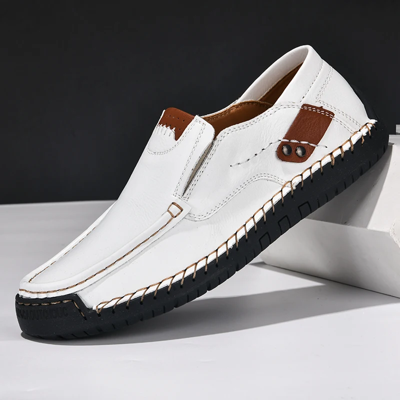 Chaussures en cuir faites à la main pour hommes, mocassins confortables à enfiler, mocassins plats décontractés, modèle de marche, chaussures Prairie