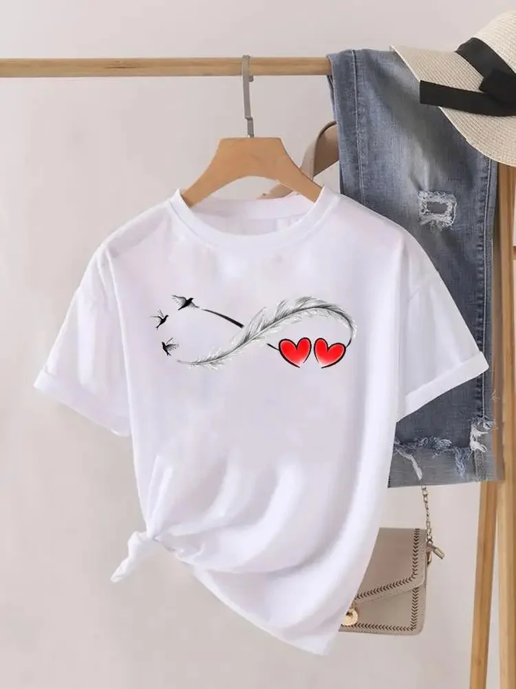 Love Heart kaus bulu wanita, mode pakaian cetak baju lengan pendek kasual