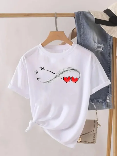 Miłość serce pióro Trend moda damska odzież graficzne t-shirty ubrania drukuj koszula damska z krótkim rękawem Lady koszulka casual