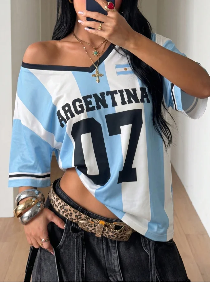 2026 HOT Women Oversized V Neck Jersey, Argentina 07 Striped Top, Quick Dry Breathable Y2K Style for School Beach Vacation