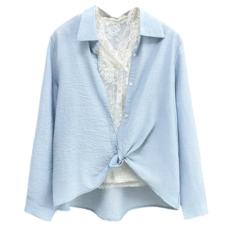 

XXXXL Fashion Plus Size Women's Blouses New Autumn Korean Style Lace Inside With Long Sleeved Shirt