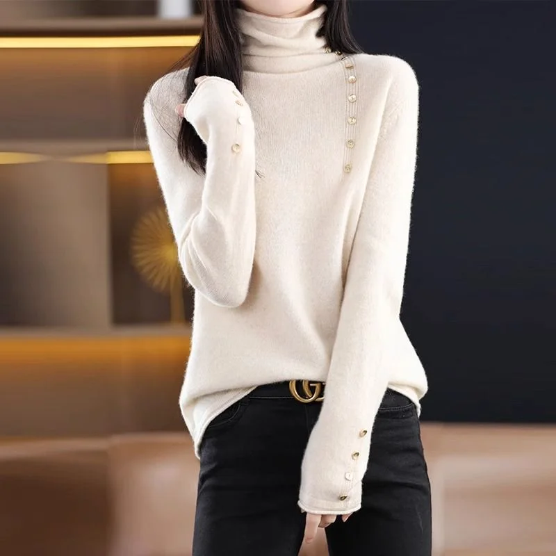 

Stylish Autumn Winter New Arrival Cuffed Collar Women's Loose Knit Base Layer