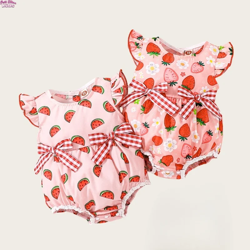 

New Arrival Baby Girl Cotton Romper Watermelon & Strawberry Print Bow Ruffled Sleeves 0-2Y Summer Outfit Cute Infant Jumpsuit