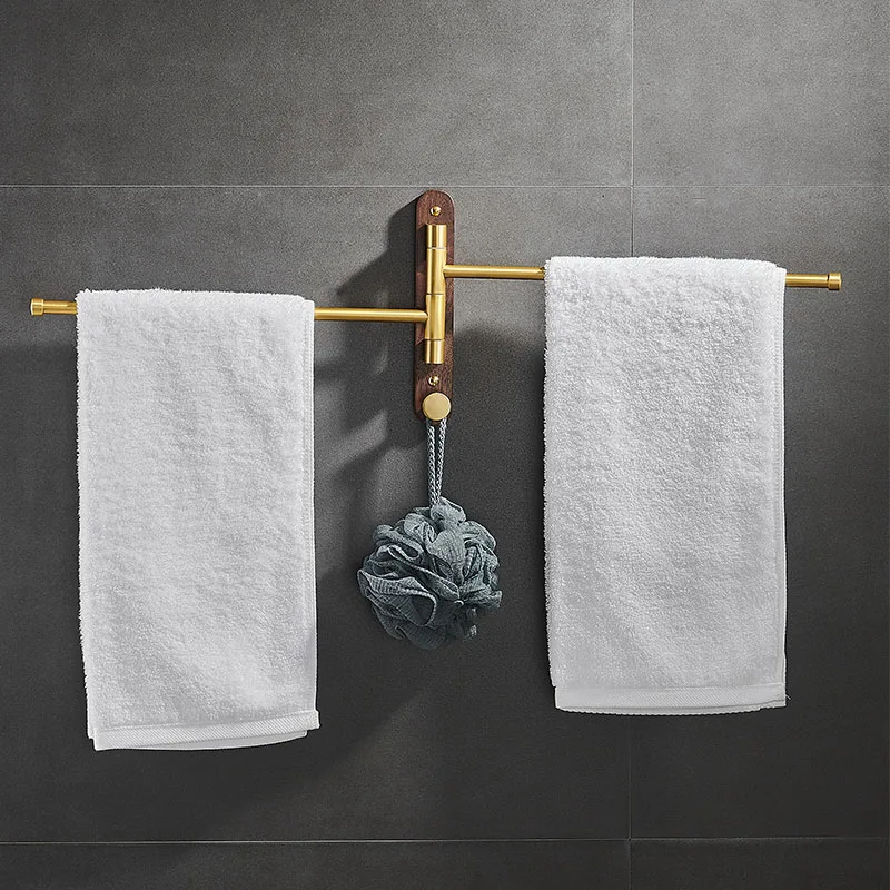 Bathroom Walnut Gold Rotating Towel Rack Space Aluminum Belt Hook Folding Bathroom Movable Towel Bar Shower Shelf