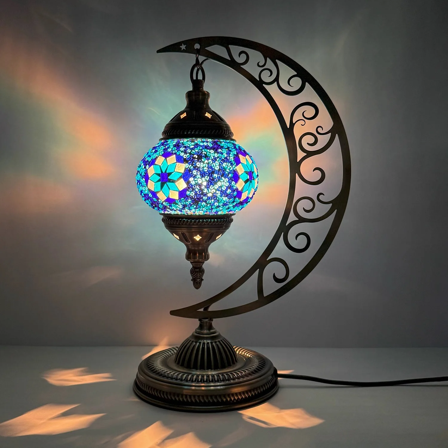 Mosaic Moon Table Lamp Vintage Art Deco Handcrafted Lamparas De Mesa Mosaic Glass Bed Light Lamparas Con Mosaicos Night Lights