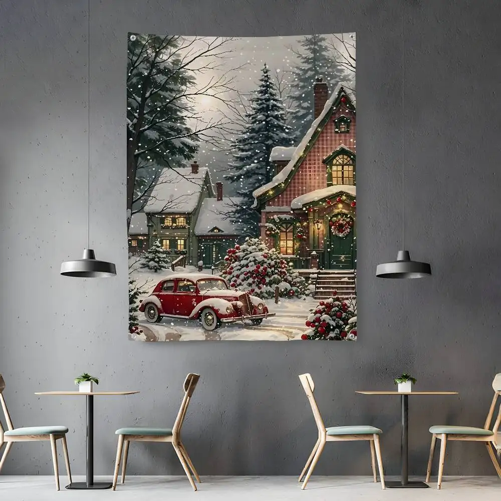 

Christmas Art Draw Retro Snow Flag Room Bedroom Home&Outdoor Wall Hanging Concert Printed Background Decoration Art Banner