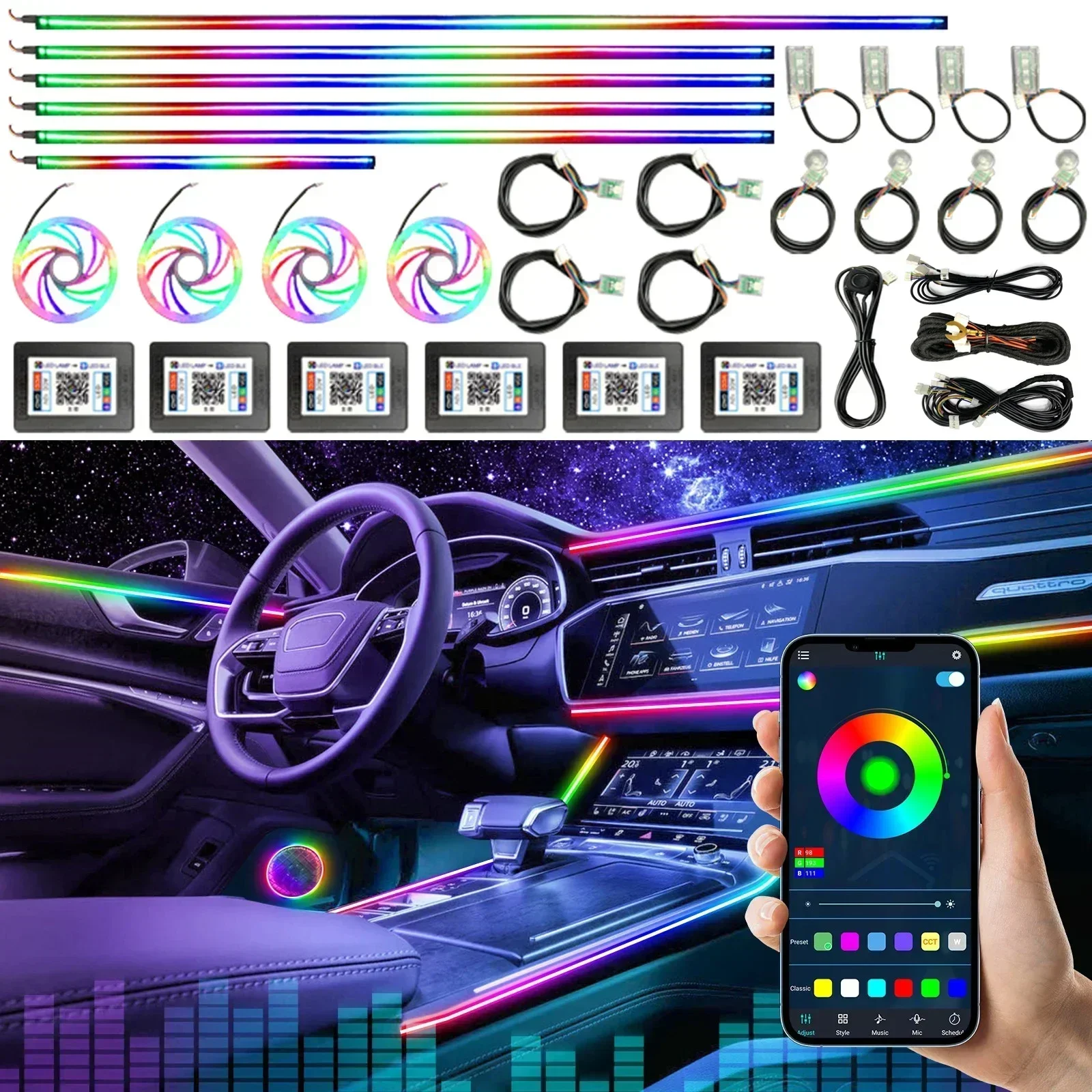 Symphony Car Ambient Light 64 RGB Rainbow Universal LED Interior Hidden Acrylic Strip Light 18IN1 APP Symphony Atmosphere Lamp