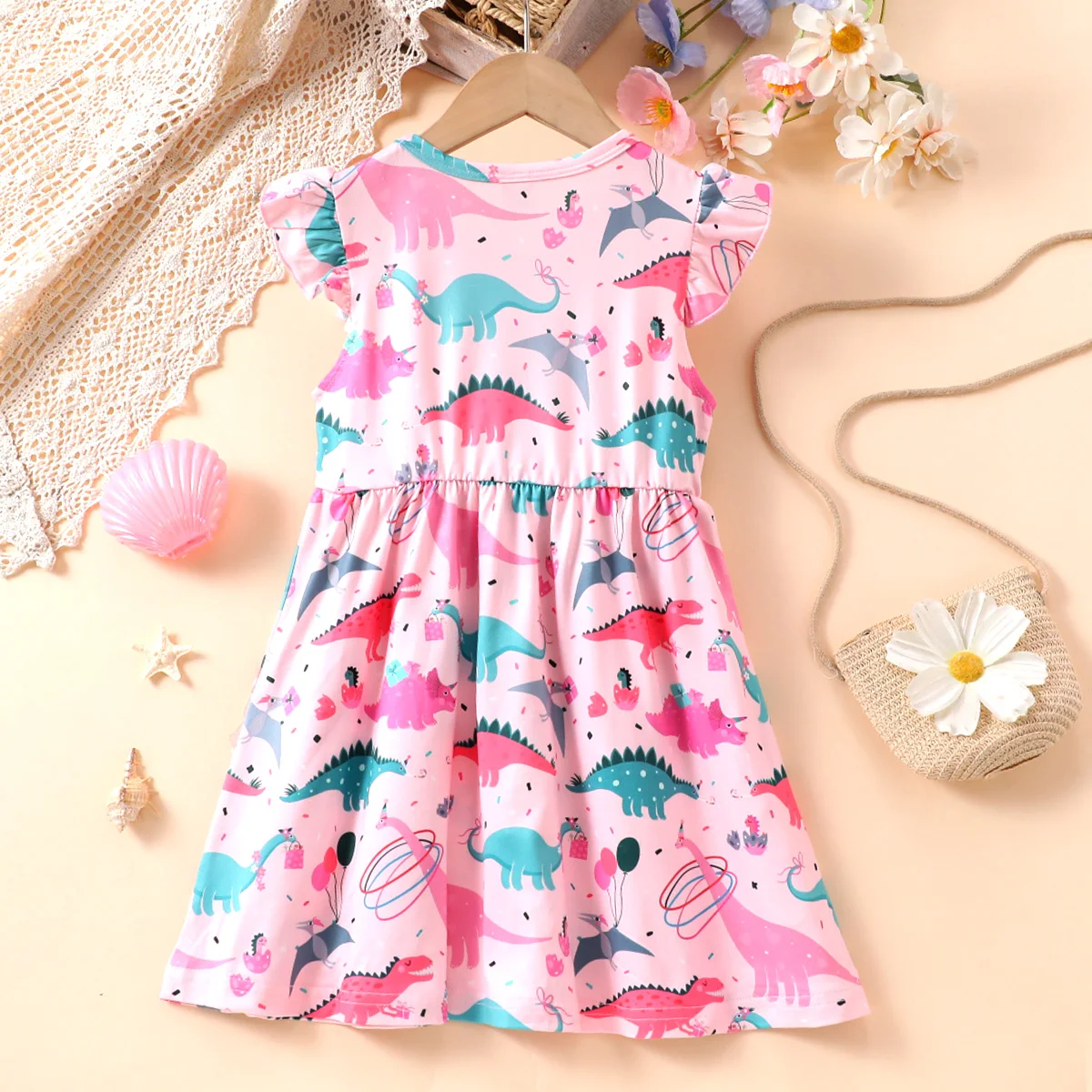 2024 NEW Girl Dresses Cartoon Dinosaur Pattern Flying Sleeve Summer Kids Girls Party Dresses 2 To 8 Years Kids Casual Clothes