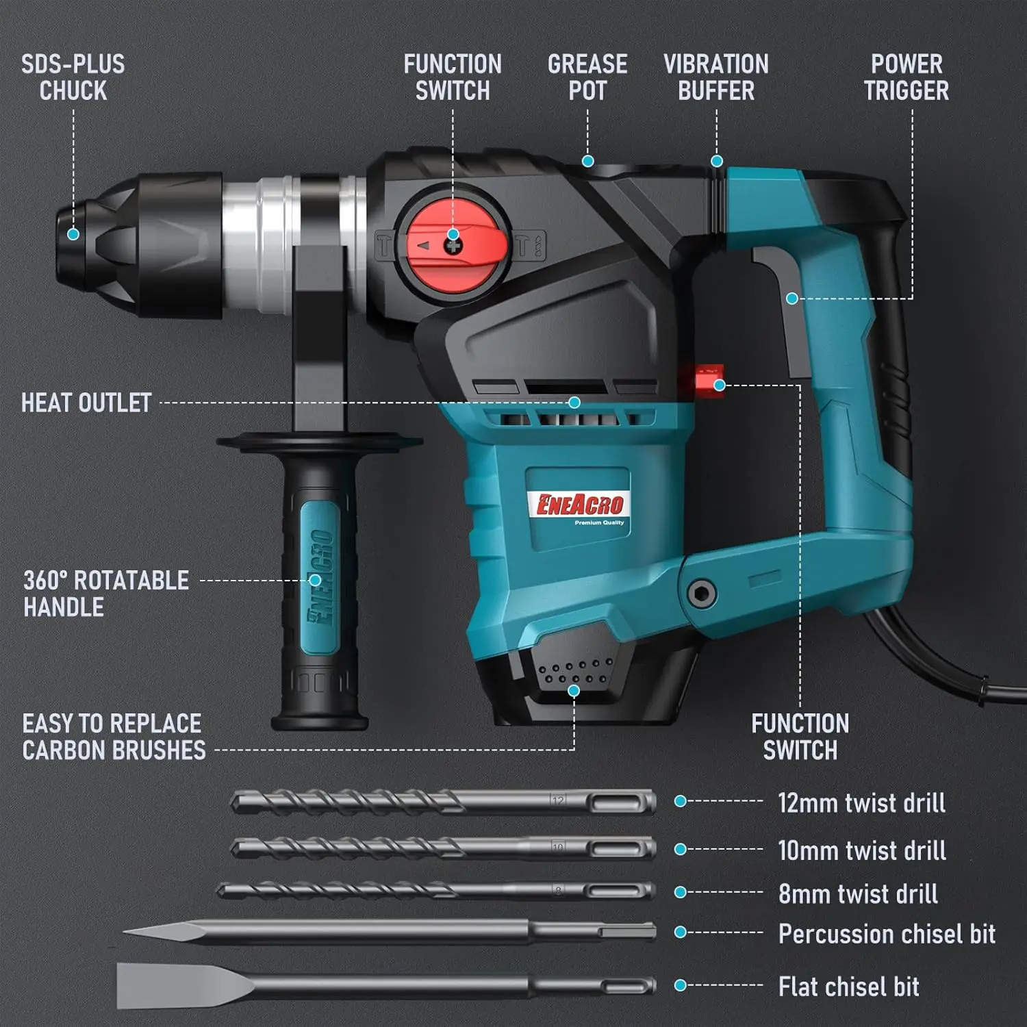 1-1/4 Inch 12.5 Amp Heavy Duty Rotary Hammer Drill, Safety Clutch 3 Functions with Vibration Control