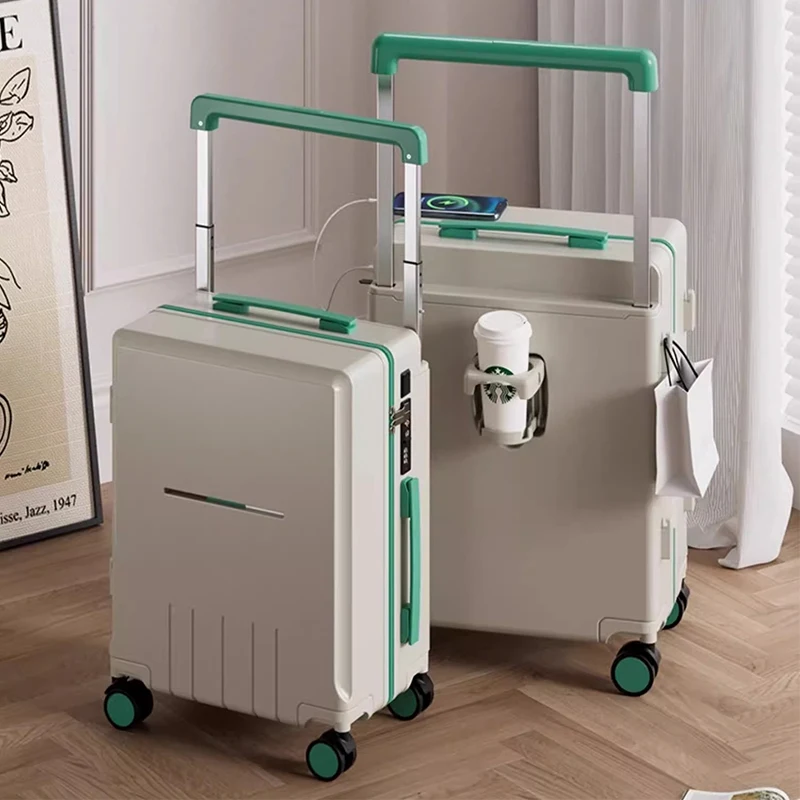 2025 Nieuwe Brede Trolleybagage 20 Inch Cabine Lockbox Multifunctionele USB Opladen Bekerhouder Reiskoffer