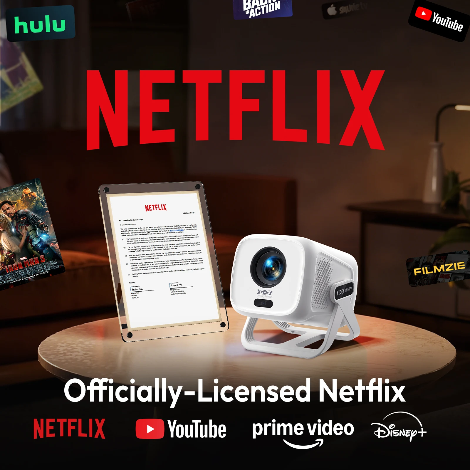 XGODY Projektor Netflix Offizielles Whale OS FHD-Projektor Autofokus Native 1080P Trapezkorrektur Sprachsteuerung Smart Home Kino