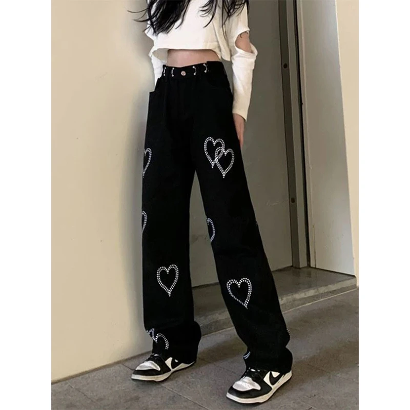 MEXZT-Jeans College Love pour femmes, pantalons en denim taille haute, pantalons à jambes larges, streetwear décontracté, fjt droit, coréen, Y2K, Harajuku