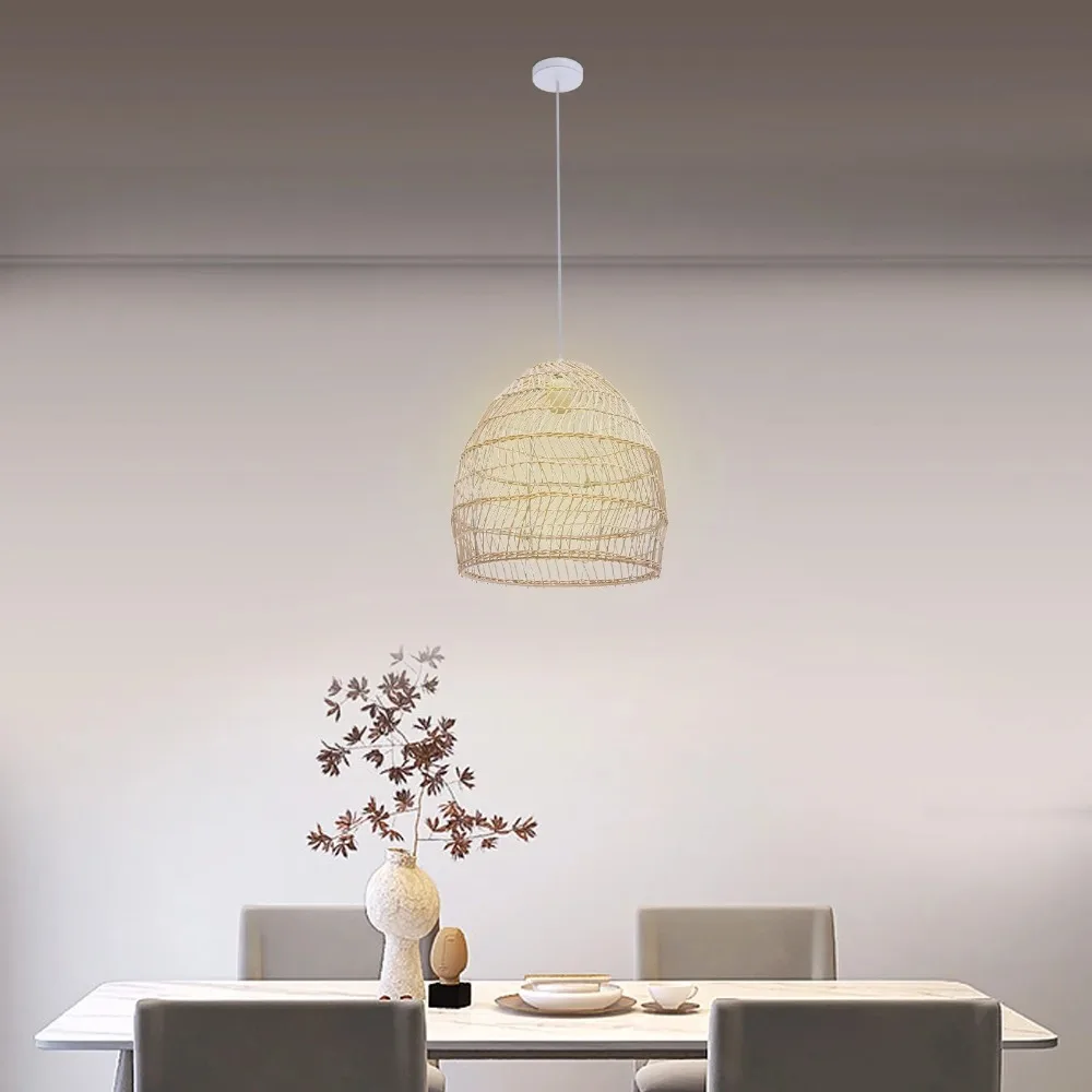 Natural Handmade Rattan Woven Chandeliers 1-Light E27 Beige Rattan Wicker Pendant Lights Country Dome Hanging Lamp Ceiling Light