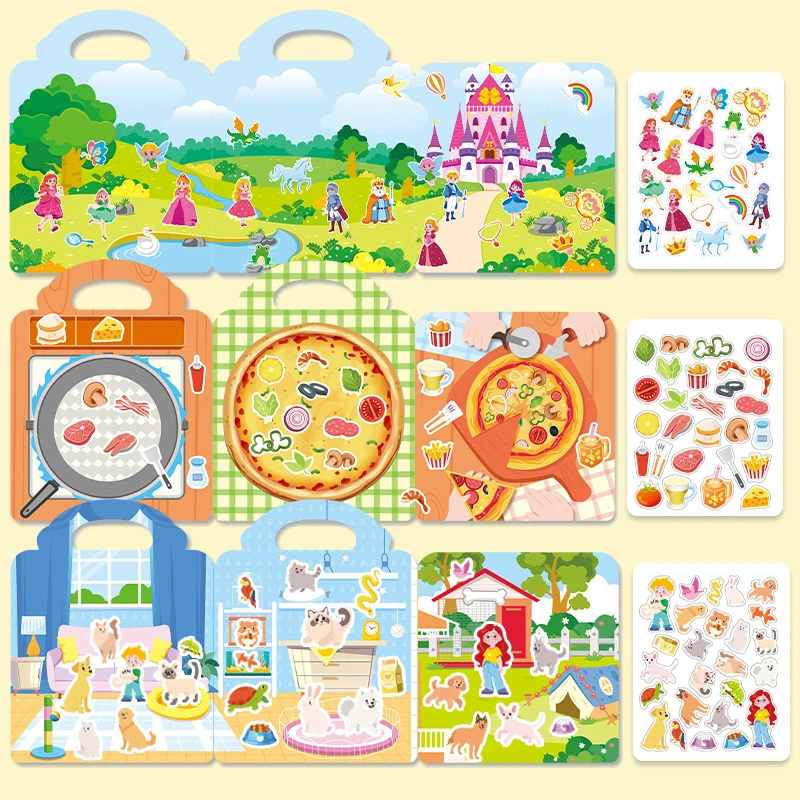 Set di 3 Libri di Adesivi Riutilizzabili per Bambini, Tema Animali e Oceano, Giocattolo Portatile Fai-da-Te, Regalo per Bambini