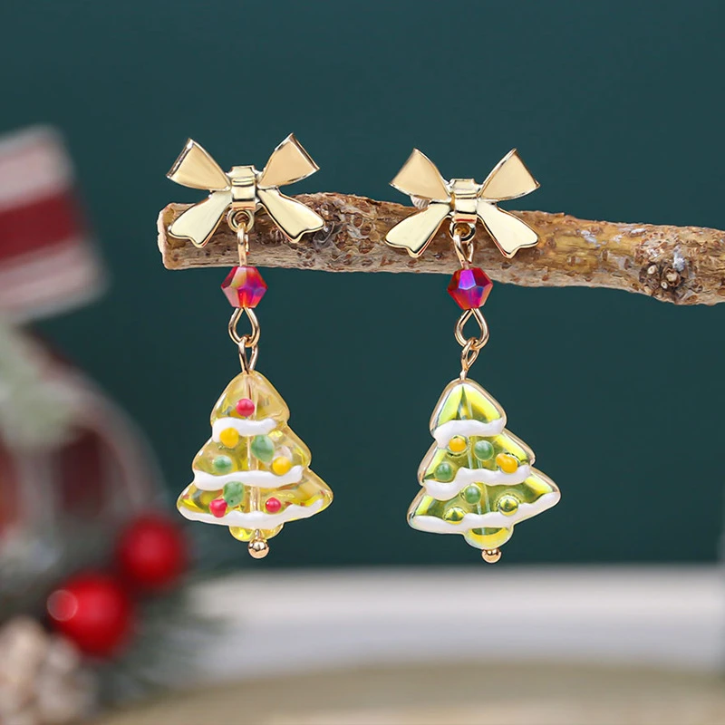 

Christmas Bow Earrings for Women Christmas Tree Glass Metal Colorful Party Gifts Festival Drop Earrings Jewelry Accessories