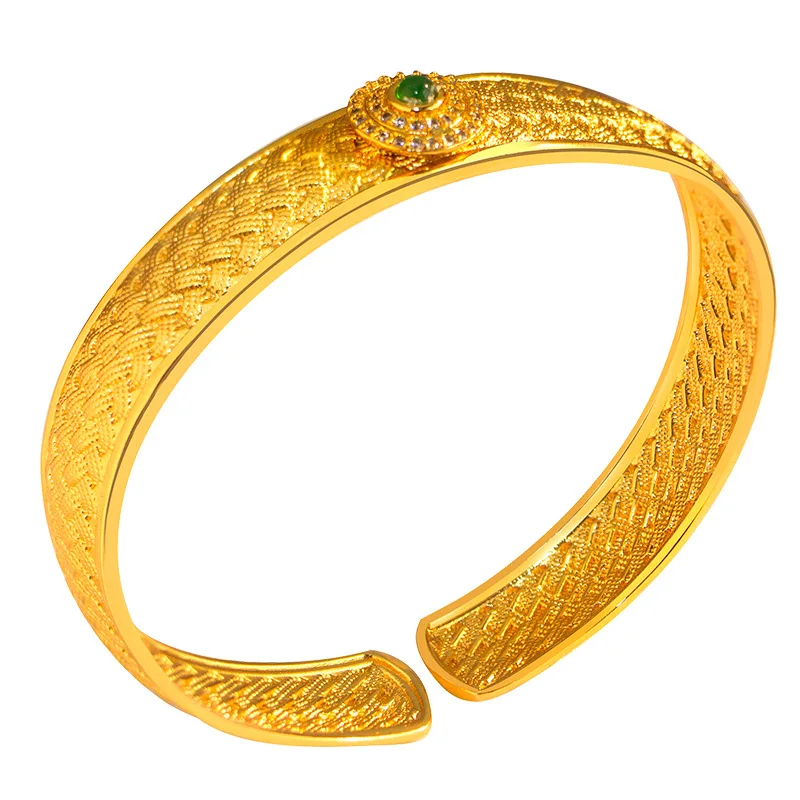 Brazalete abierto con personaje de filigrana "Wan" para mujer (24K AU999) - Enlace con patrón hueco Wan, borde de brazalete brillante, aspecto de boda