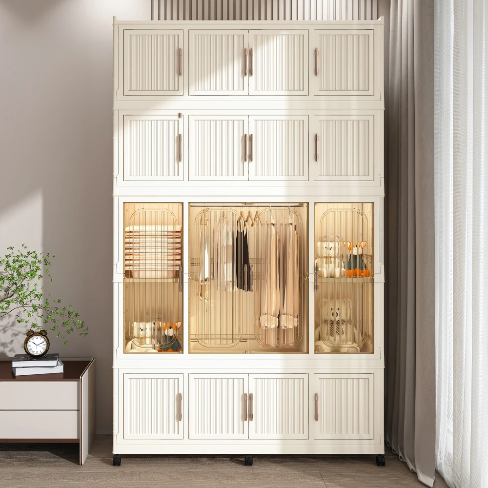 

Portable Wardrobe Closet Storage Organizer for Clothes,17 Magnetic Doors-17 Cubes & 1 Hanging Rod,6 pcs hangers ,Cabinet，White
