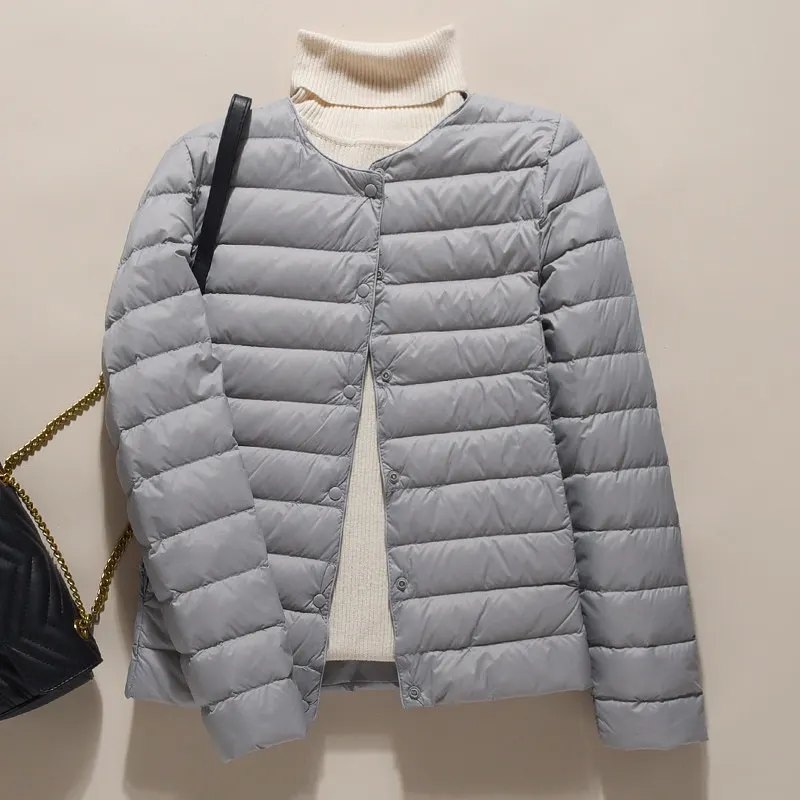 90% pato para baixo casaco feminino ultraleve sem gola jaqueta feminina portátil acolchoado parkas o-pescoço puffer casaco