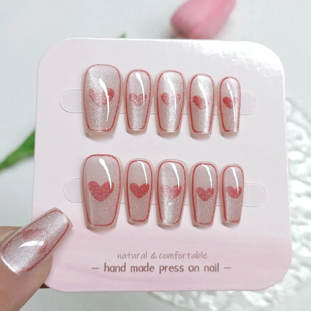 

10pcs Handmade Press On Nails Pink Cat Eye Fake Nails With Red Heart Korean Cute False Nails Patches Wearable Ballerina Nail Art