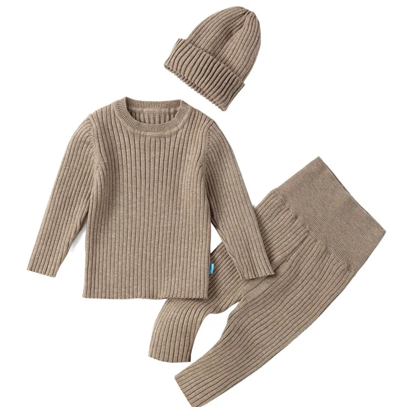 Newborn Boys 3PCS Clothes Set Autumn Winter Hat+Long Sleeve Striped Solid Sweater Elastic Waist Pants Suit Infant Boys Outfits