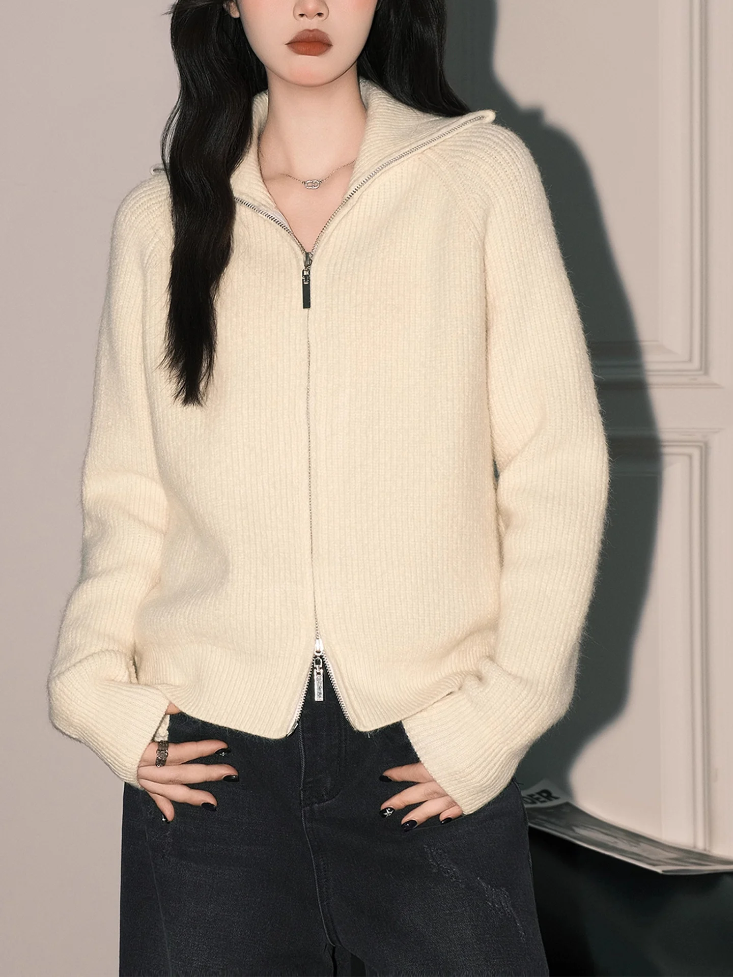 Miękki Biały Rozpinany Sweter z Podwójnym Zamkiem Damski Długi Sweter Dzianinowy Jesienno-Zimowy Ciepły Puszysty Top dla Nastolatek