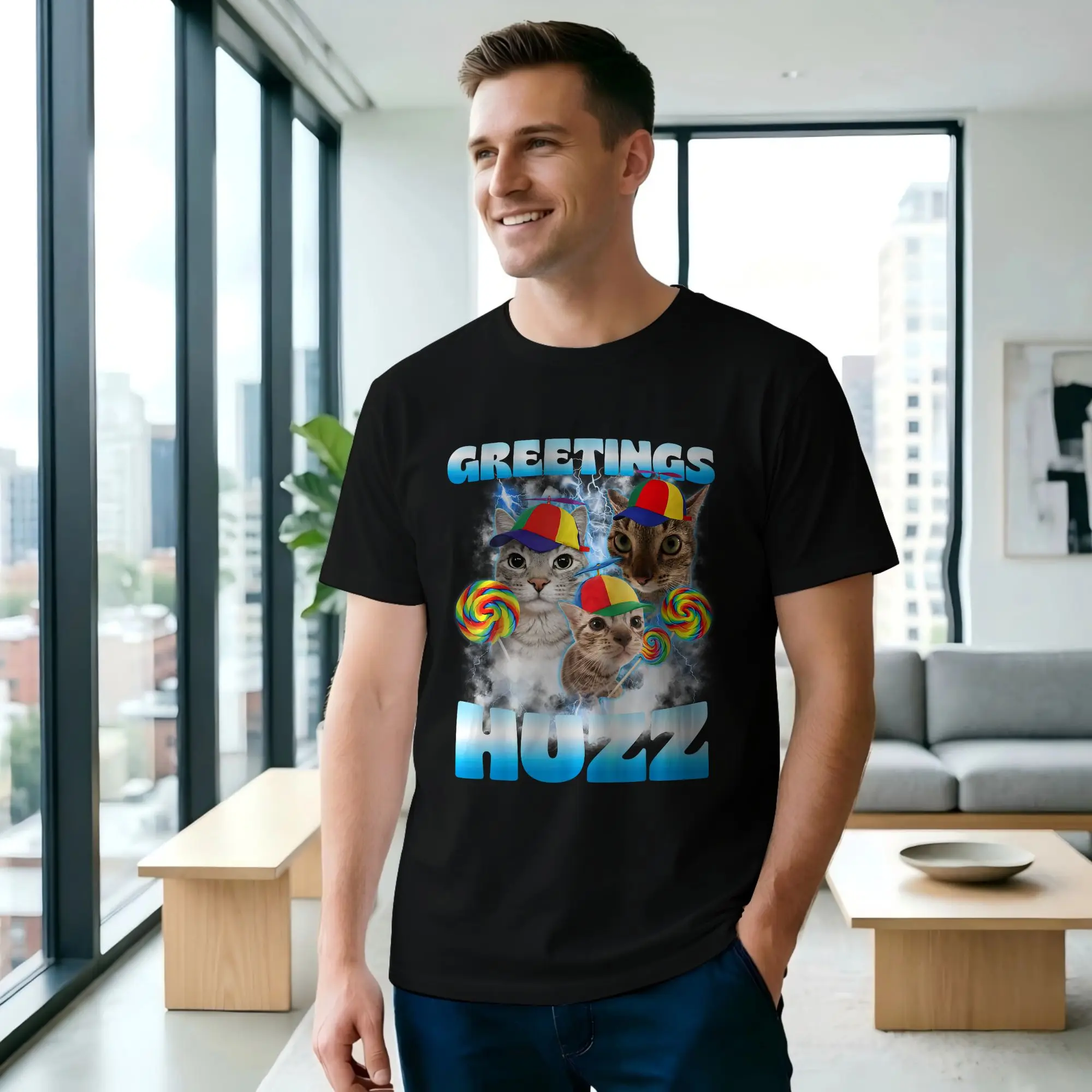 Cat Meme Greetings Huzz Men T Shirt  Cat Fashion Tees Short Sleeve Crewneck Cotton Printing Tops T-Shirt
