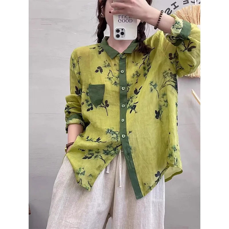 

2023 New Arts Style Spring Summer Women Long Sleeve Turn-down Collar Casual Shirts Vintage Print Cotton Linen Blouse Tops P219