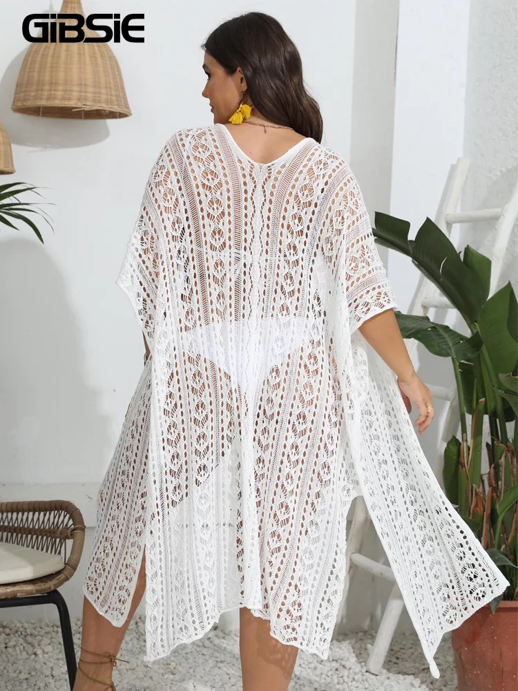 GIBSIE Plus Size Quimono Branco Bikini Cover Up Para As Mulheres 2023 Holiday Ver Através Hollow Out Malha Split Long Beach Cover-ups