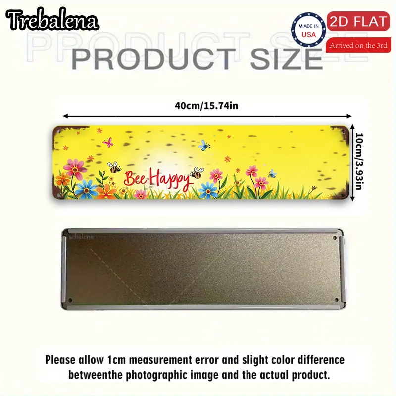 1 قطعة علامة معدنية، 4 × 16 بوصة "علامة معدنية مسطحة 2D Bee Happy Floral لديكور جدران المنزل" #3