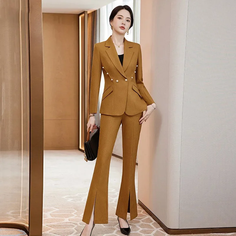 Pop escritório senhora formal blazer calças ternos 2 peça conjunto de correspondência conjuntos para mujeres plus size jaqueta dividir alargamento calças conjuntos ne