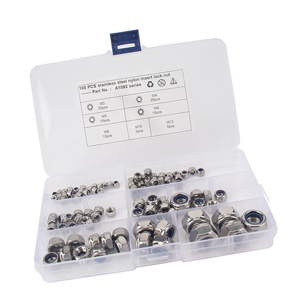 

100pcs Stainless Steel Lock Nuts Hexagonal Shockproof Fastener For Machinery Auto Equipment Hardware Fixing Nut Assortment Kit
