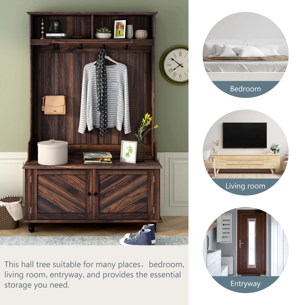 U-Can Hall Tree with 4 Hooks Coat Hanger Entryway Bench Storage Bench 3-in-1 Design 40INCH for Entrance Hallway