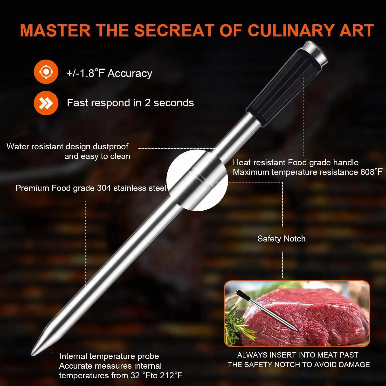Smart Wireless Bluetooth Meat Food Thermometer Grill Waterproof Probe APP Controlled for BBQ Baking Outdoor Cooking Steak Oven - Image 3